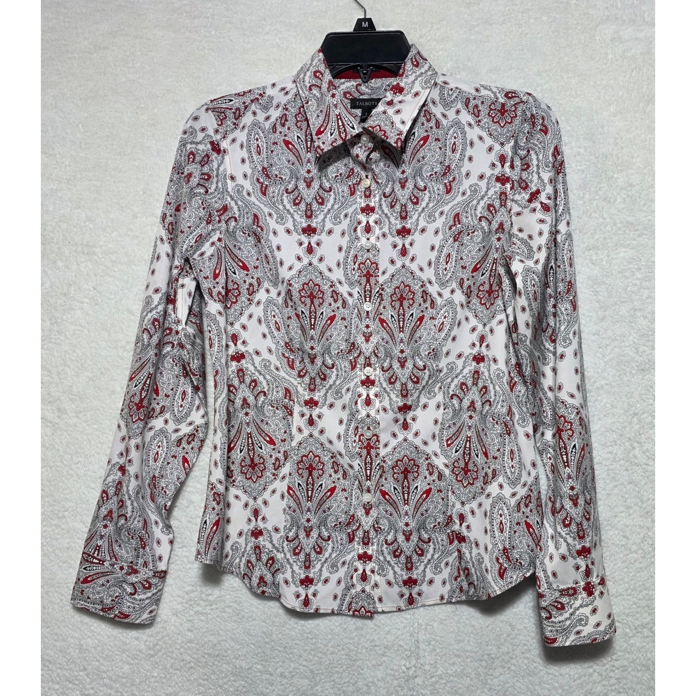 Talbots Red Black Paisley Wrinkle Resistant Button Down Blouse Shirt Women's 2